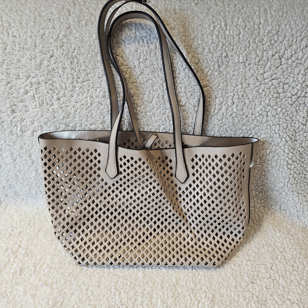 Beige laser-cut vegan leather small tote